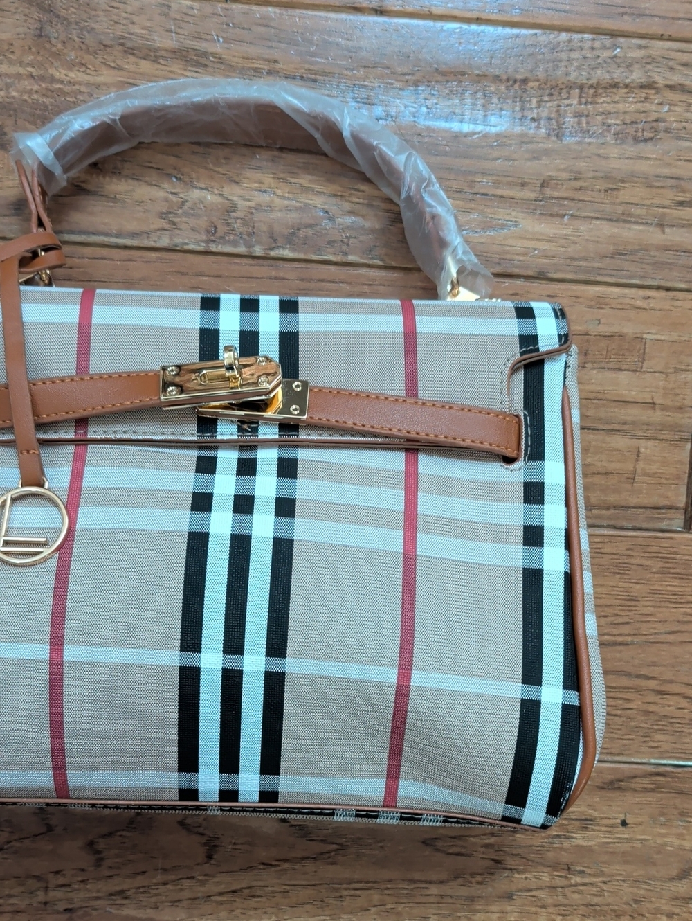 Loulo Women’s Tan Plaid Top-Handle Fashion Bag with Gold Hardware